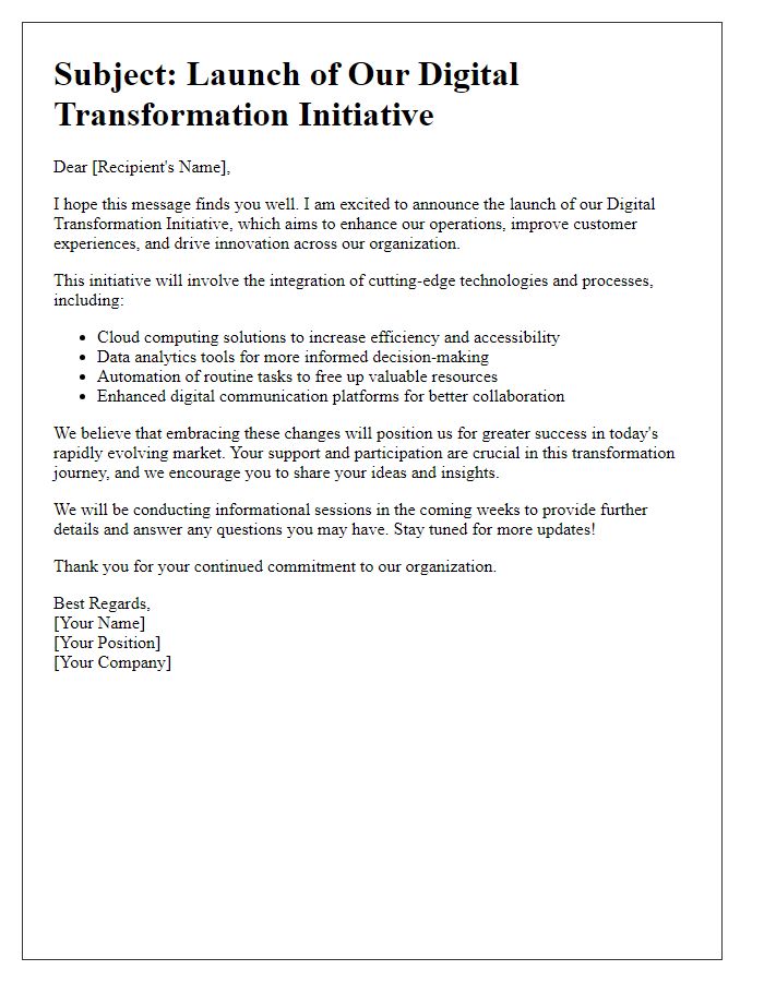 Letter template of digital transformation initiative