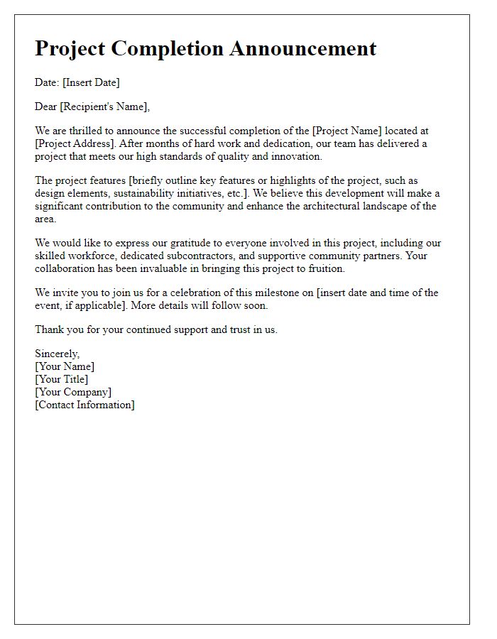 Letter template of architectural project completion announcement