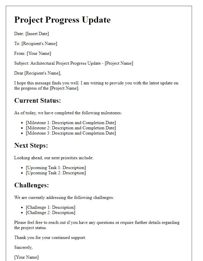 Letter template of architectural project progress update