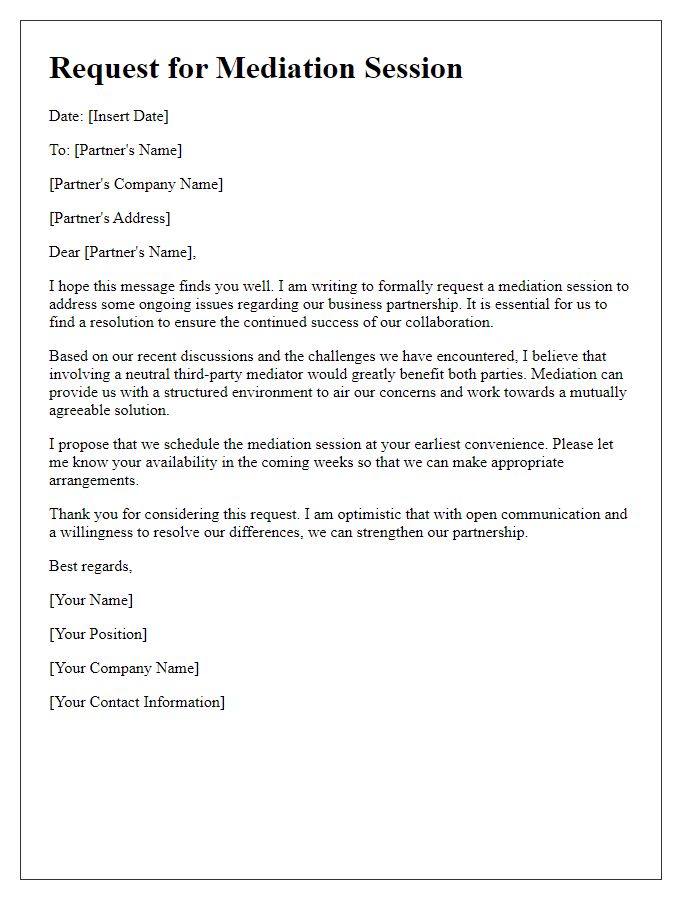 Letter template of mediation session request for business partnership issues.