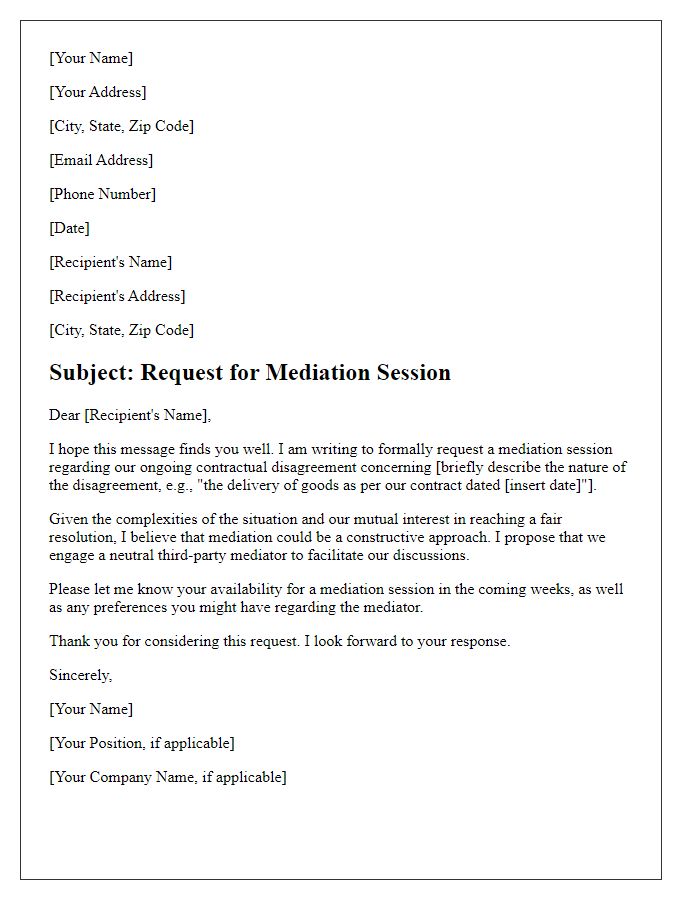 Letter template of mediation session request for contractual disagreement.