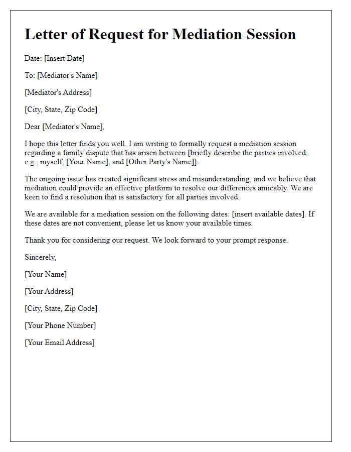 Letter template of mediation session request for family dispute resolution.