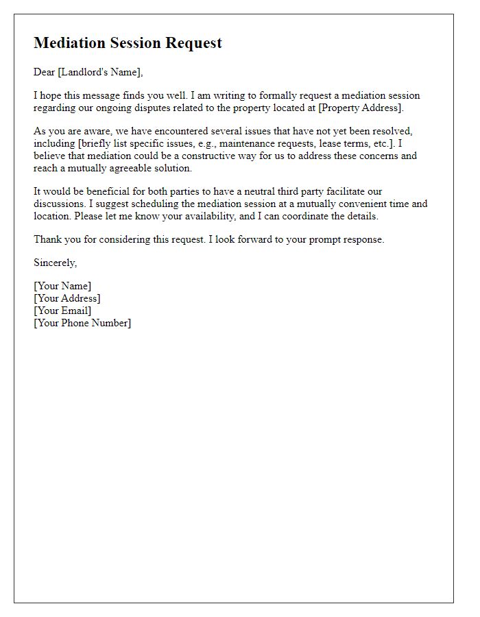 Letter template of mediation session request for landlord-tenant disputes.