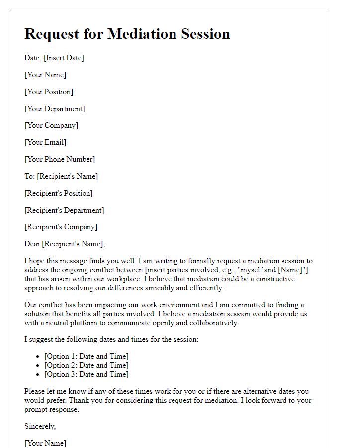 Letter template of mediation session request for workplace conflict resolution.