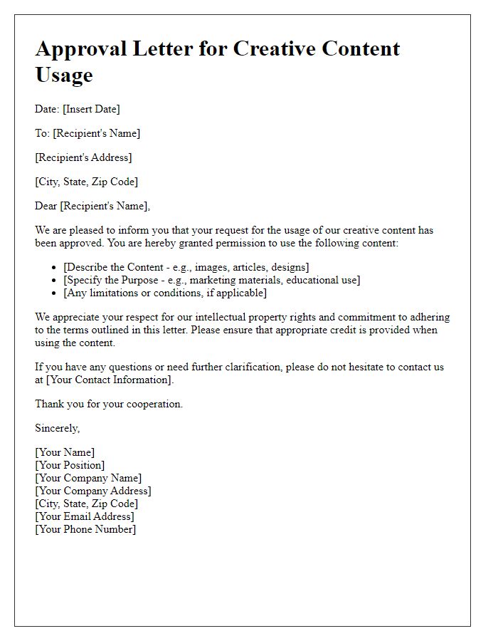 Letter template of Approval for Creative Content Usage