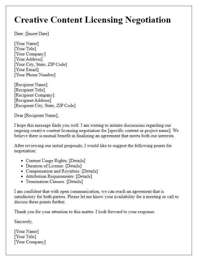 Letter template of Creative Content Licensing Negotiation