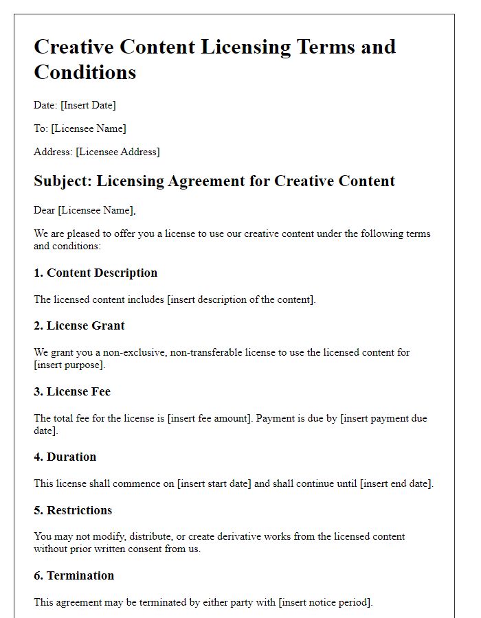 Letter template of Creative Content Licensing Terms and Conditions