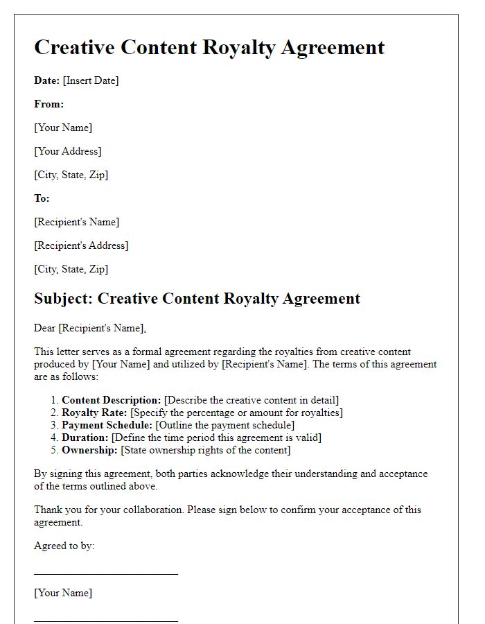 Letter template of Creative Content Royalty Agreement