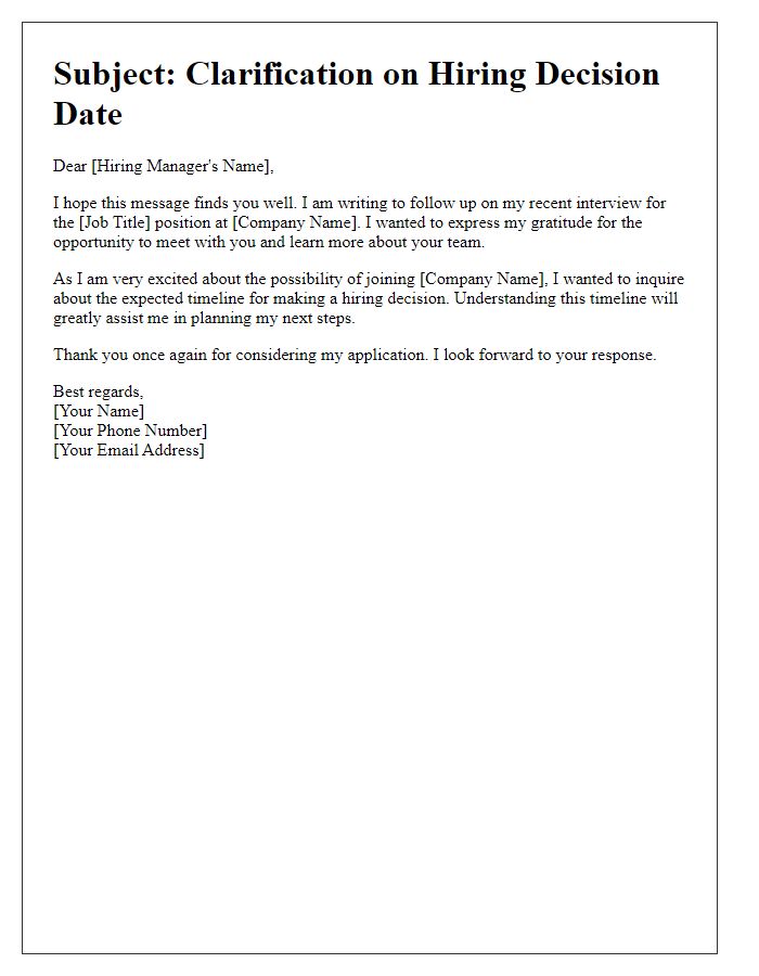 Letter template of clarifying expected hiring decision date