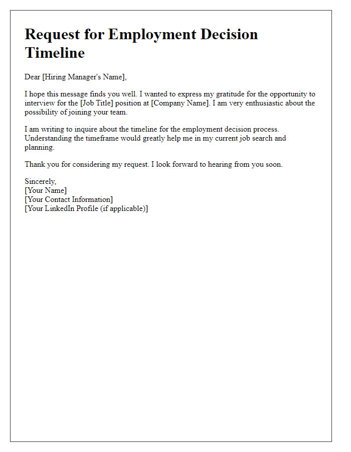 Letter template of seeking information on employment decision timeline
