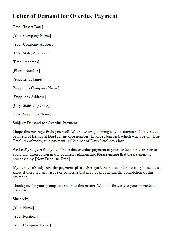 Letter template of demand for overdue payment resolution from supplier.