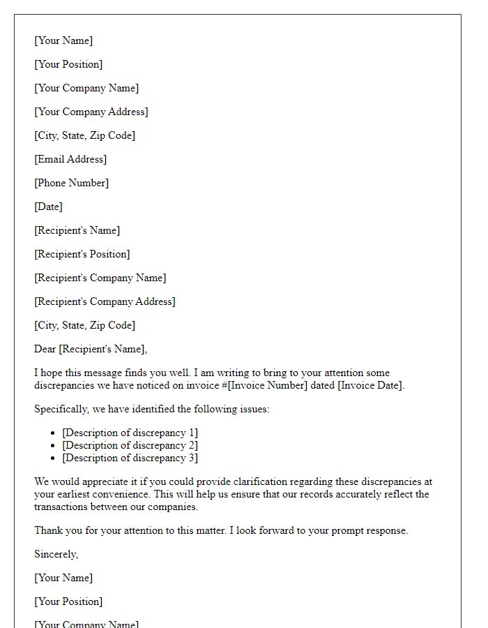 Letter template of request for clarification on invoice discrepancies.