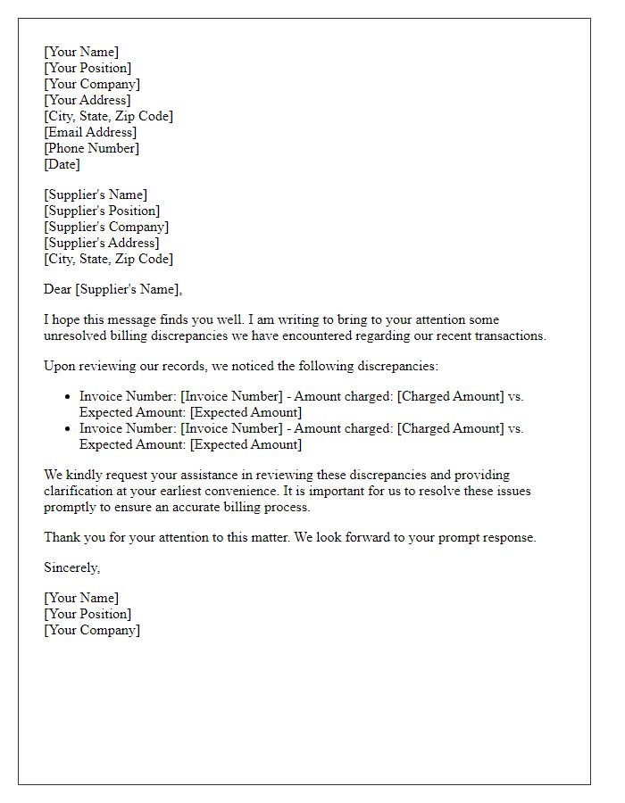 Letter template of unresolved billing discrepancies with supplier.