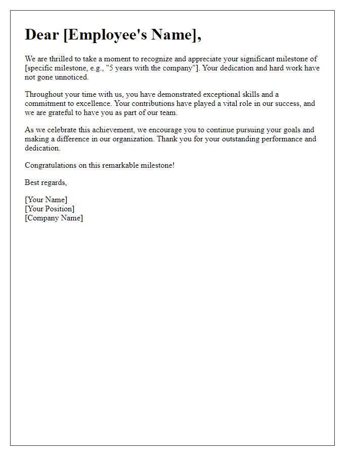 Letter template of Appreciation for Employee Milestone Achievement