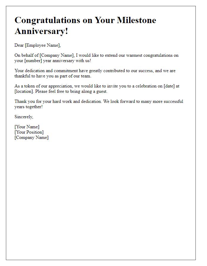 Letter template of Marking Employee Milestone Anniversary