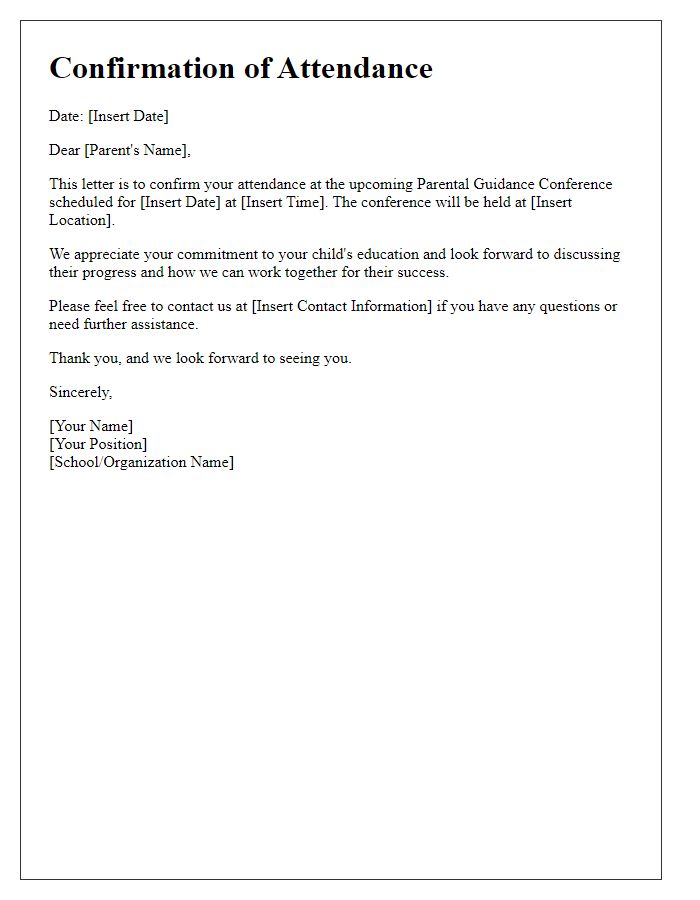 Letter template of confirmation for parental guidance conference attendance