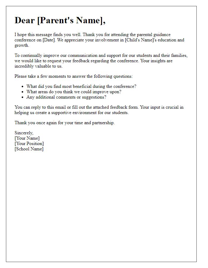 Letter template of feedback request after parental guidance conference