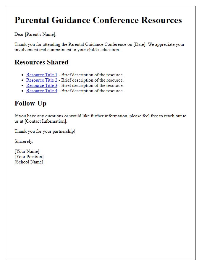 Letter template of resources shared in parental guidance conference