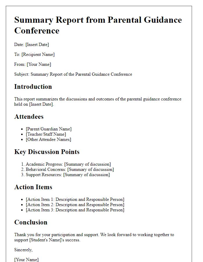 Letter template of summary report from parental guidance conference