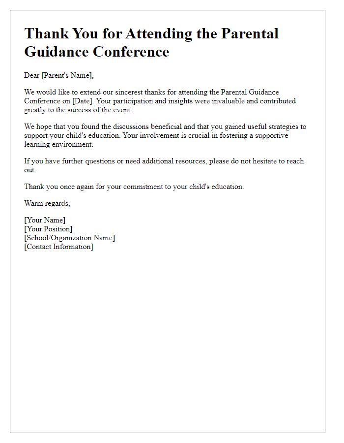 Letter template of thank you for attending parental guidance conference