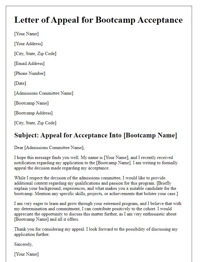 Letter template of appeal for acceptance into a bootcamp