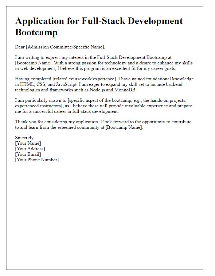 Letter template of application for full-stack development bootcamp