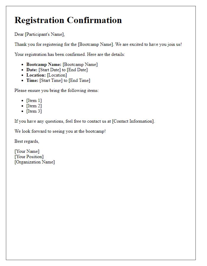 Letter template of confirmation for bootcamp registration