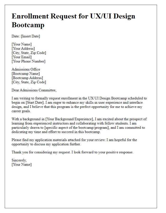 Letter template of enrollment request for UX/UI design bootcamp