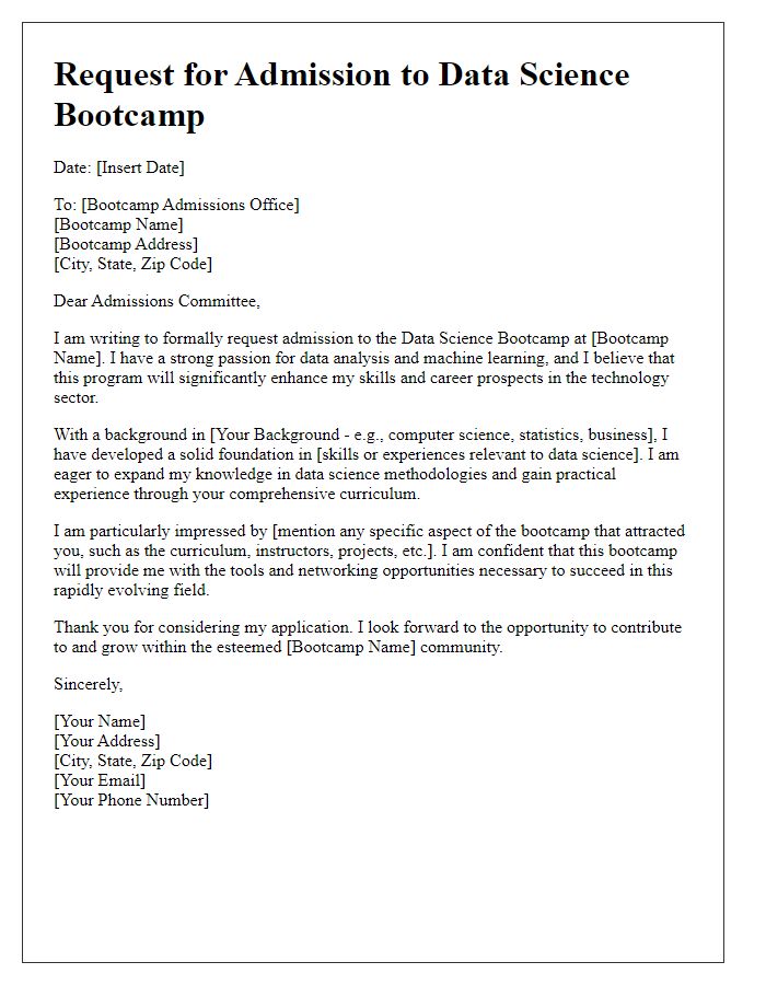 Letter template of request for admission to data science bootcamp