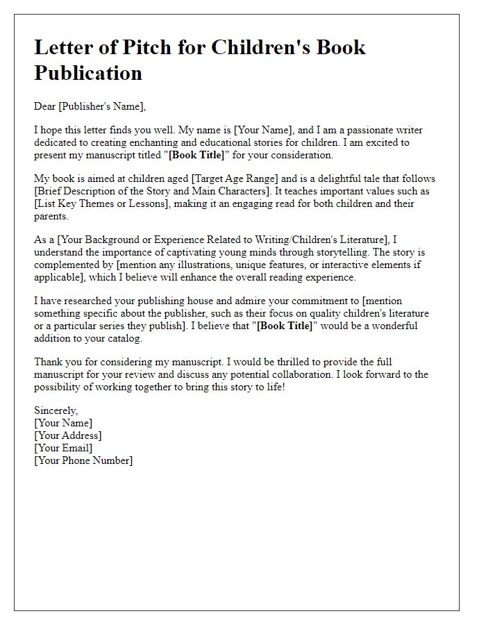 Letter template of pitch for a children's book publication