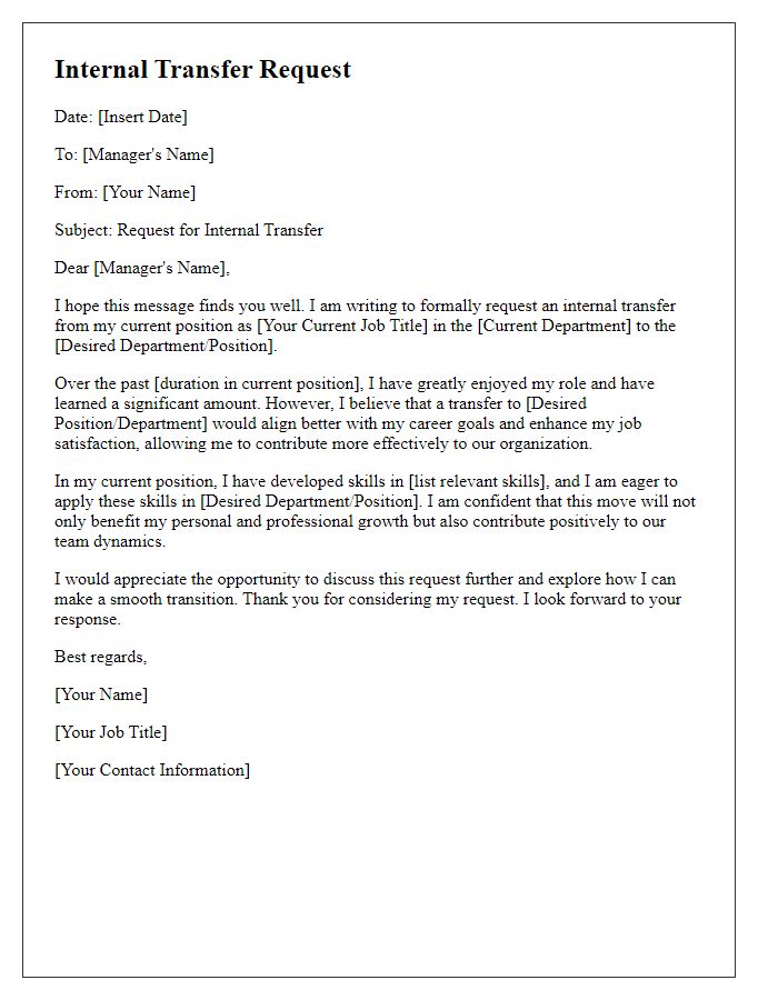 Letter template of internal transfer request for enhanced job satisfaction