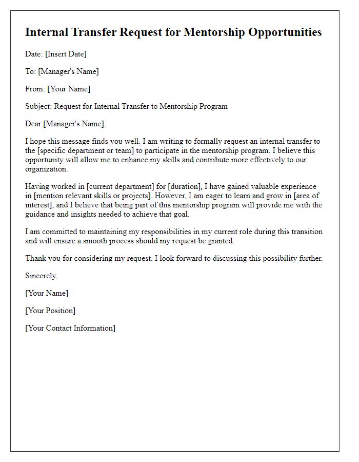 Letter template of internal transfer request for mentorship opportunities