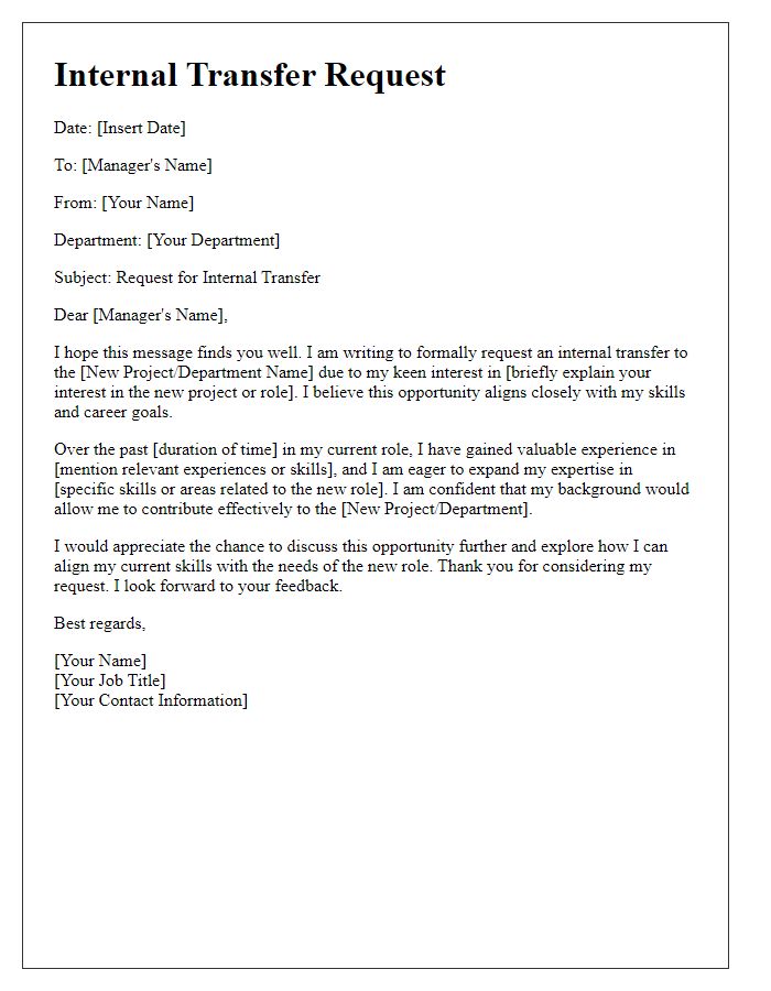 Letter template of internal transfer request for a new project opportunity