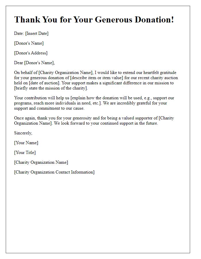 Letter template of donation acknowledgment for charity auction