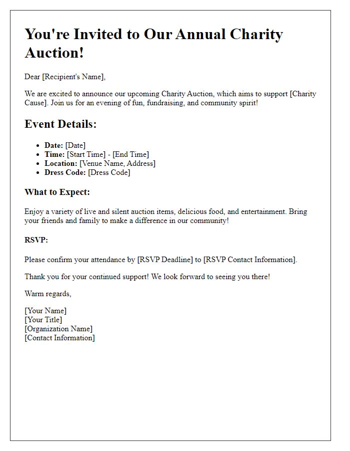 Letter template of event details announcement for charity auction