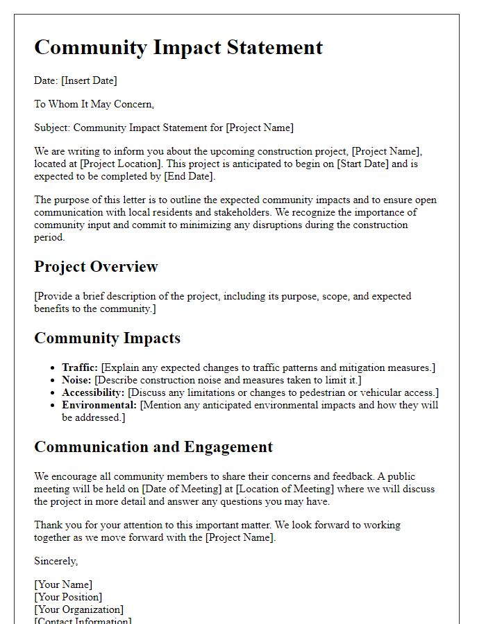 Letter template of construction project community impact statement