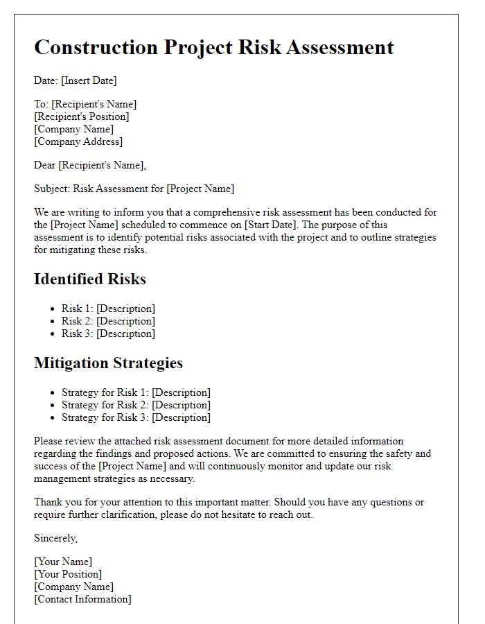 Letter template of construction project risk assessment