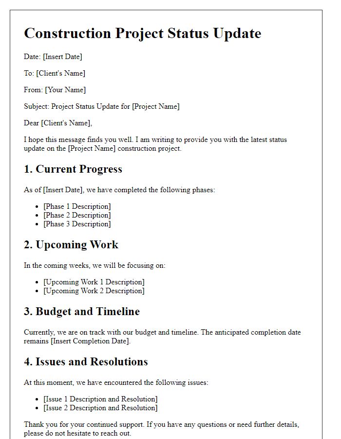 Letter template of construction project status update