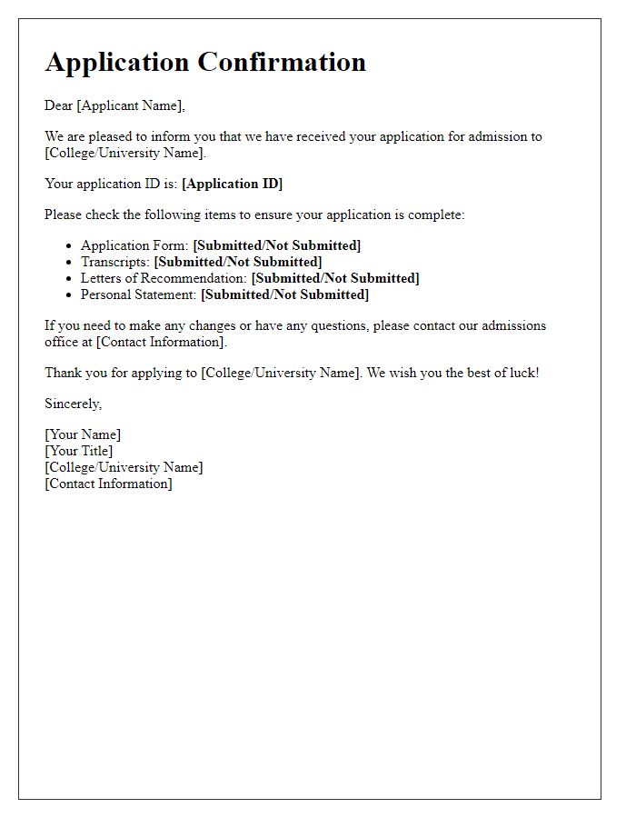 Letter template of college application confirmation check