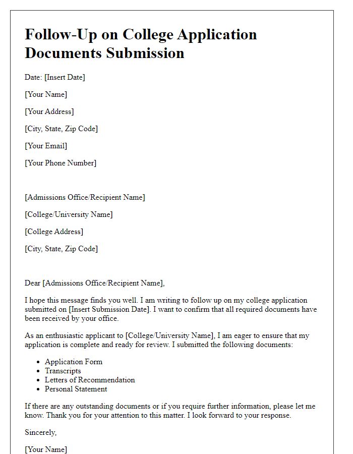 Letter template of follow-up on college application documents submission