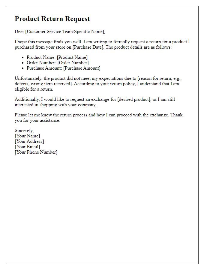 Letter template of product return request with exchange option.