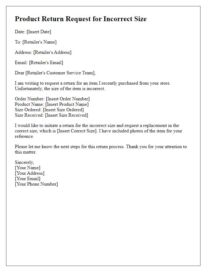 Letter template of product return request for incorrect size.