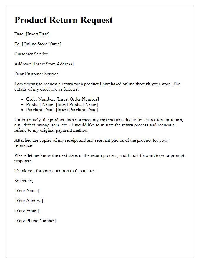 Letter template of product return request for online purchase.