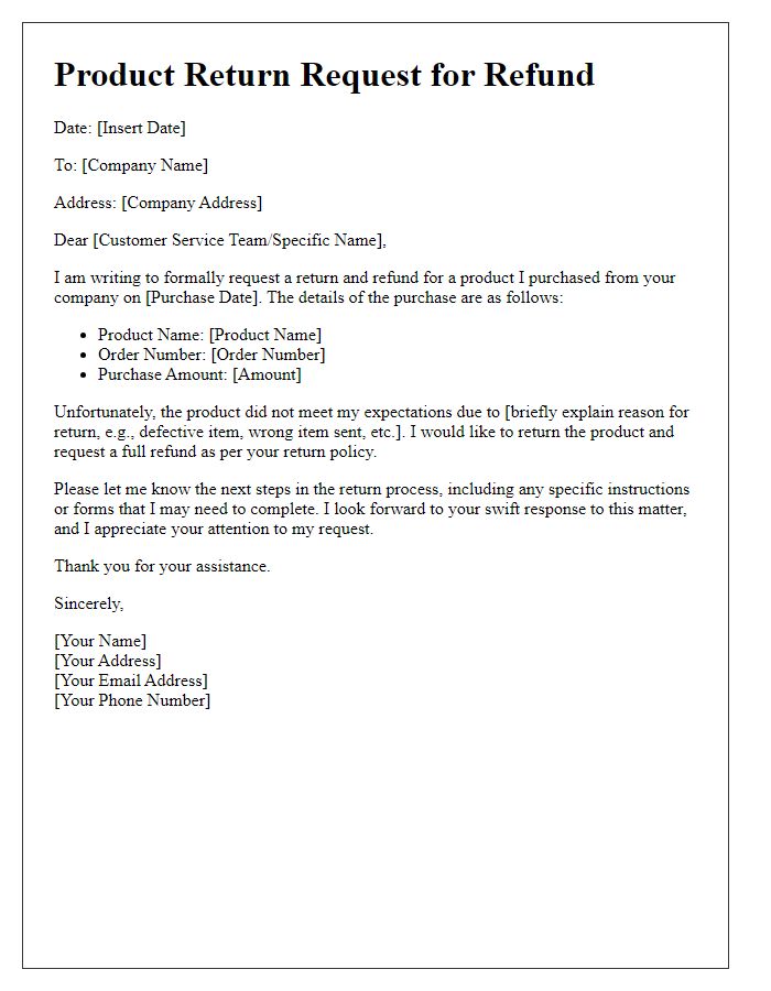 Letter template of product return request for refund.