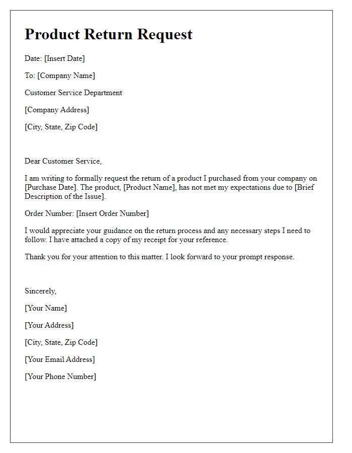 Letter template of product return request for unsatisfied customer.