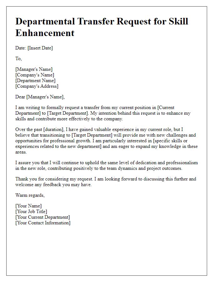 Letter template of departmental transfer request for skill enhancement.