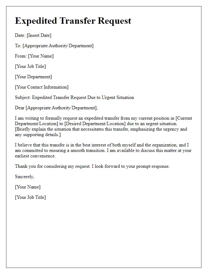 Letter template of expedited transfer request for urgent situations.