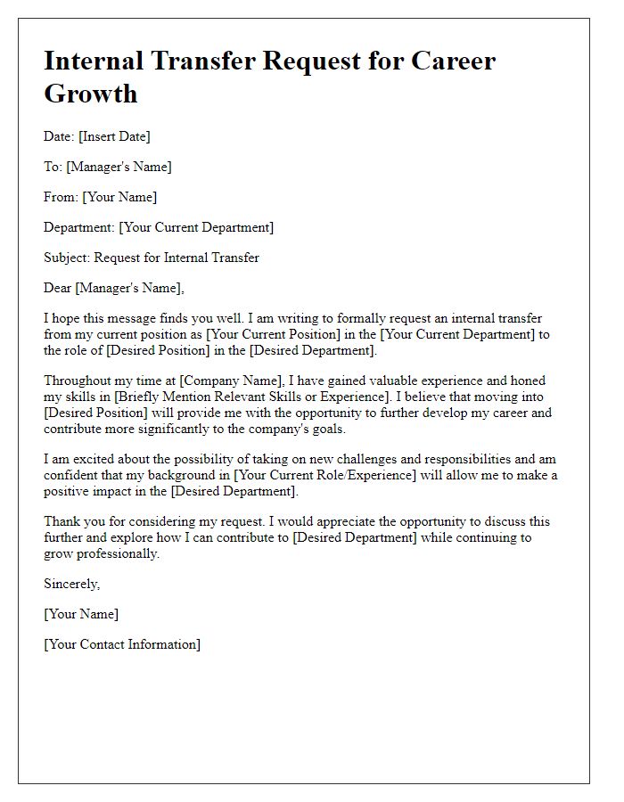 Letter template of internal transfer request for career growth.