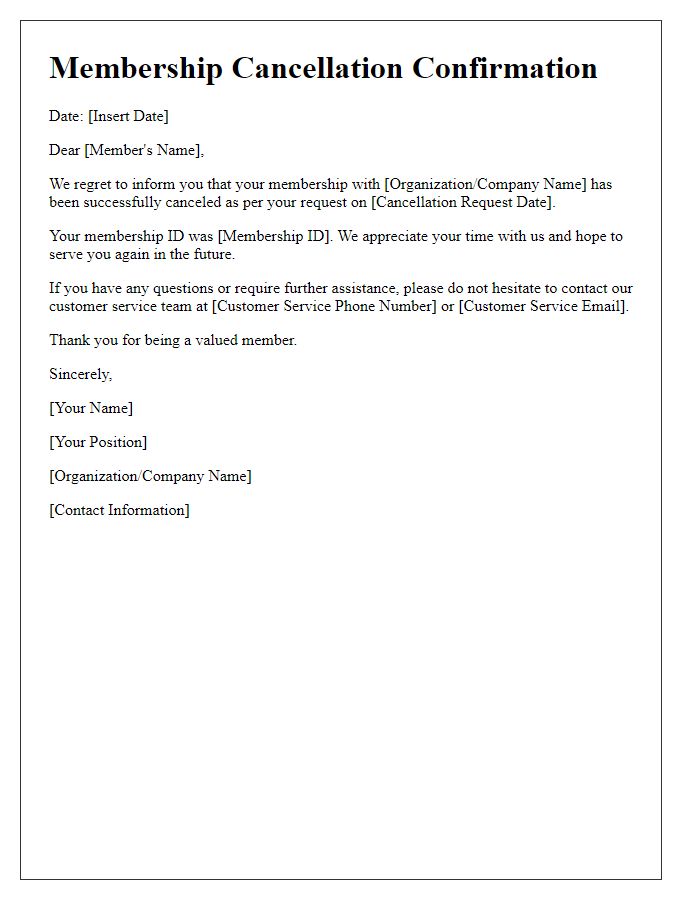 Letter template of membership cancellation confirmation