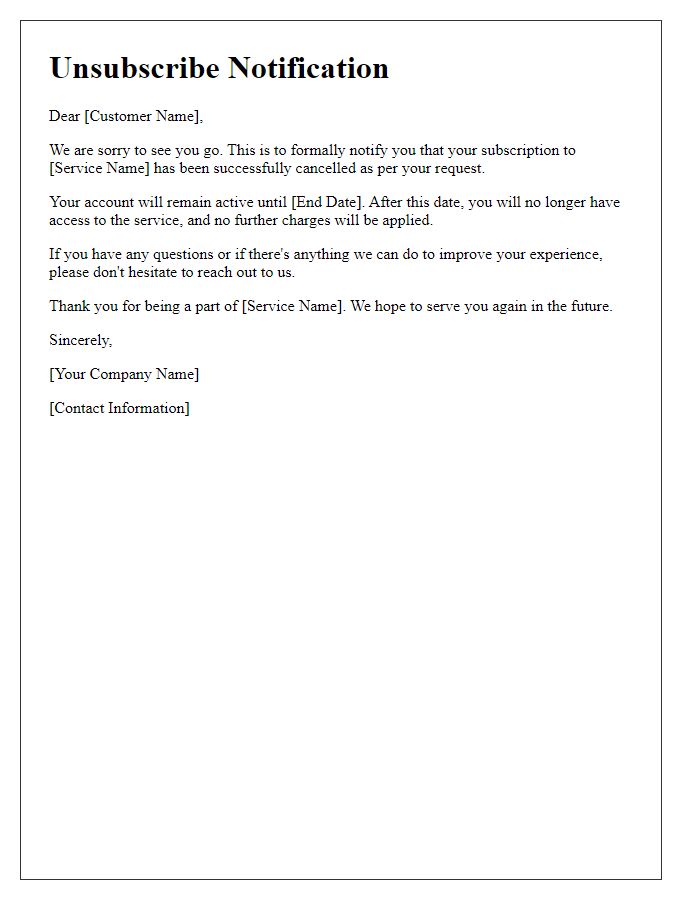 Letter template of service unsubscribe notification